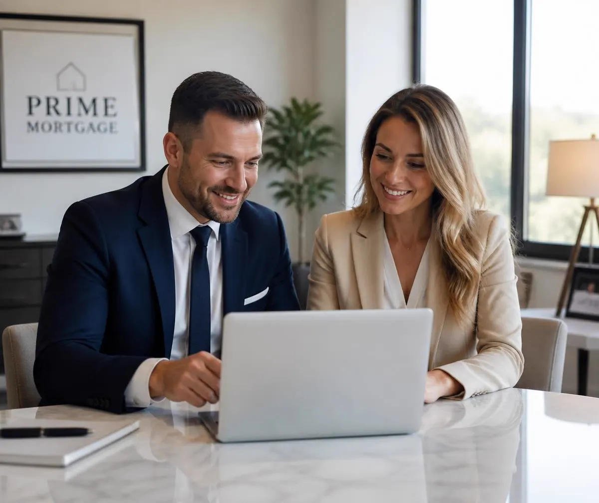 Mortgage broker and real estate agent reviewing an insurance quote on a laptop