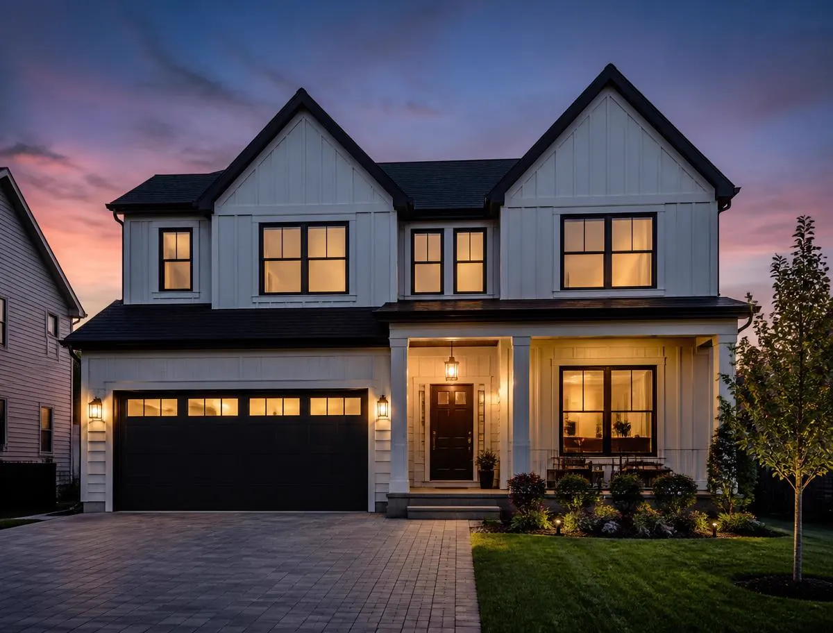 Modern two-story home at dusk with warm interior lighting