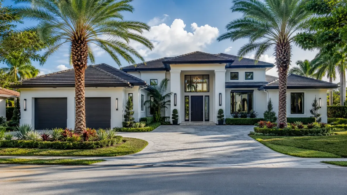 Luxury Florida home with palm trees and a car parked in the driveway