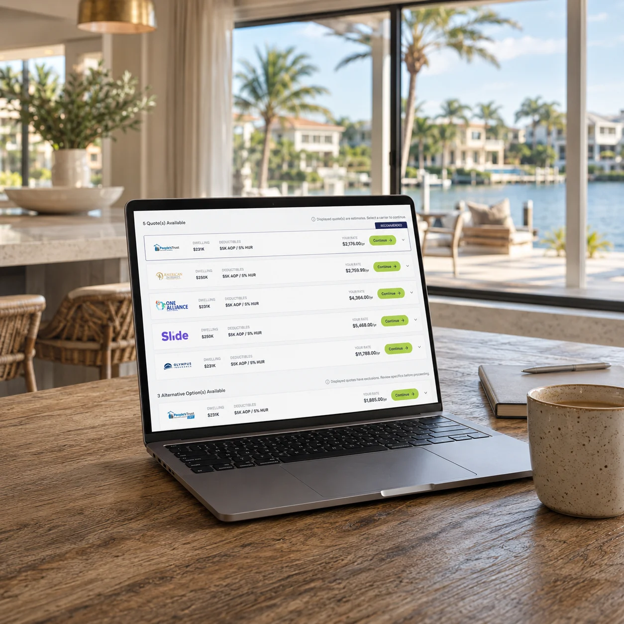 DTRT home insurance rater showing real carrier quotes on a laptop